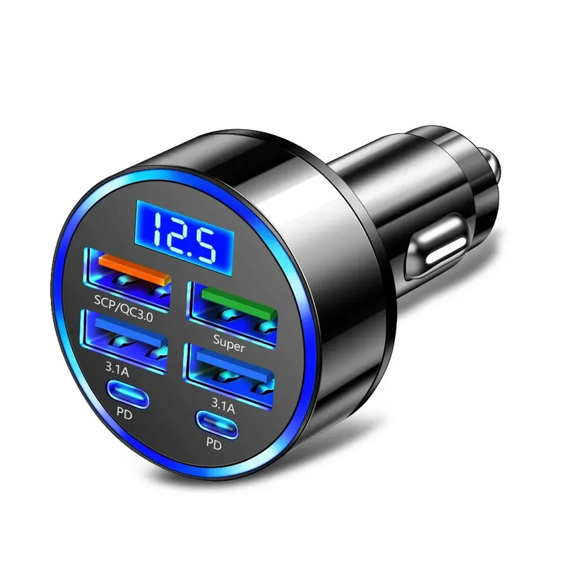 Adaptador de Isqueiro de Carro com Seis Saídas, Carregamento Flash com Display Digital 250W